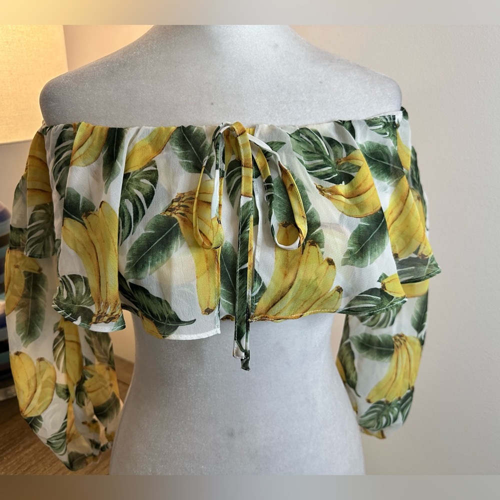 Adorable Forever 21 Banana & Leaves Off The Shoulder Ruffled Crop Top - Size S